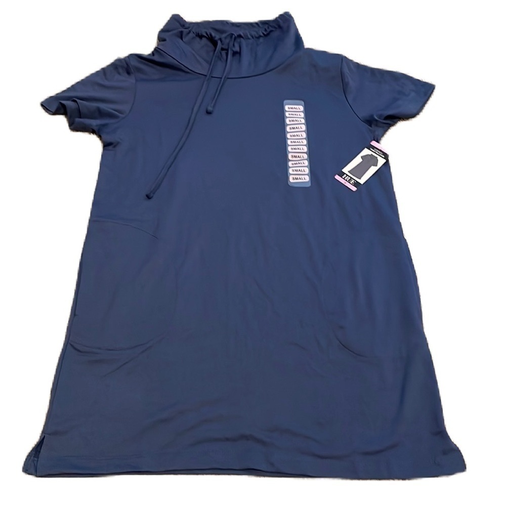 Hue S NWT blue vintage indigo mock neck short sleeve tunic with pockets